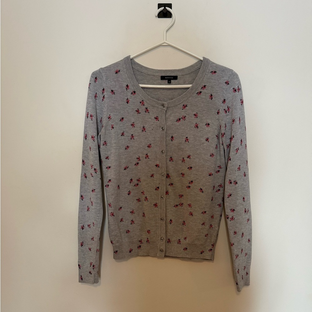 RW&CO. Gray Cardigan with Red/Pink Floral Pattern